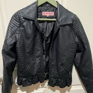 Black Faux Leather Jacket with Ruffle Hem XL (16)